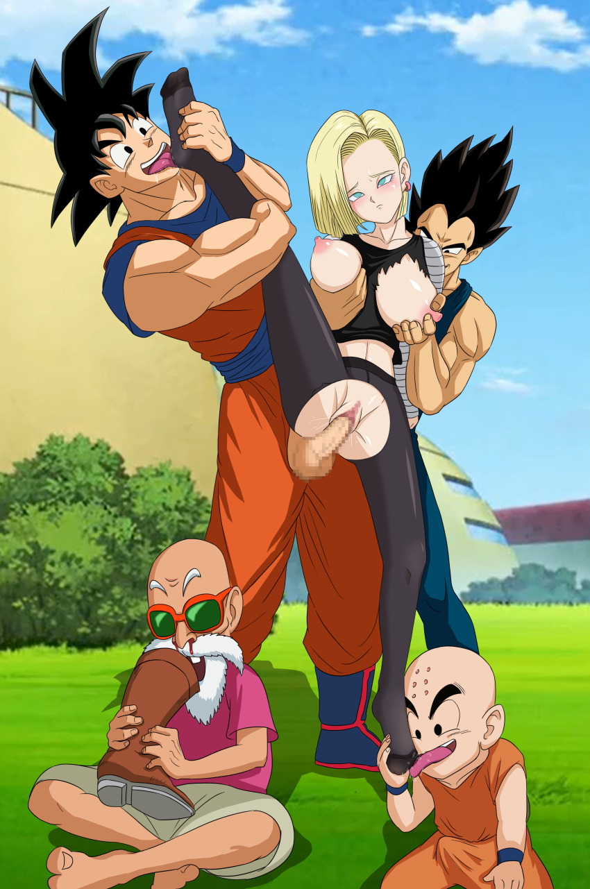 1girl 4boys absurdres android_18 bald beard blonde_hair blood blue_eyes blush bob_cut boots breasts breasts_out bulge censored cheating_(relationship) clothed_sex day dragon_ball dragonball_z earrings erection erection_under_clothes facial_hair gang_rape grabbing_another&#039;s_breast grass groin groping group_sex highres jewelry jfbz kuririn large_breasts legs licking licking_foot medium_hair mosaic_censoring multiple_boys muscular muscular_male muten_roushi netorare nipples no_panties nosebleed old old_man outdoors pantyhose penis pussy rape sex sitting sky son_goku standing sunglasses tank_top thighs torn_clothes torn_pantyhose unworn_boots vaginal vegeta