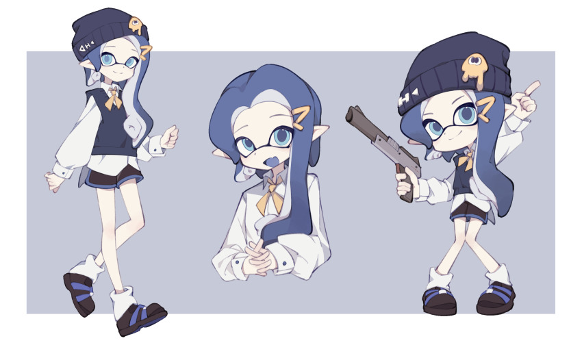 1girl aqua_eyes asymmetrical_hair asymmetrical_sidelocks beanie black_hat black_shoes black_sweater_vest blue_hair blue_tongue border colored_tongue deformed dolphin_shorts grey_background gun happy hat highres holding holding_gun holding_weapon index_finger_raised inkling inkling_girl inkling_player_character long_sleeves looking_at_viewer mari_sleep multiple_views n-zap_(splatoon) neck_ribbon nintendo outside_border own_hands_together pale_skin ribbon shirt shoes short_hair_with_long_locks short_shorts shorts side_part smile socks splatoon_(series) sweater_vest weapon white_border white_shirt white_socks yellow_ribbon