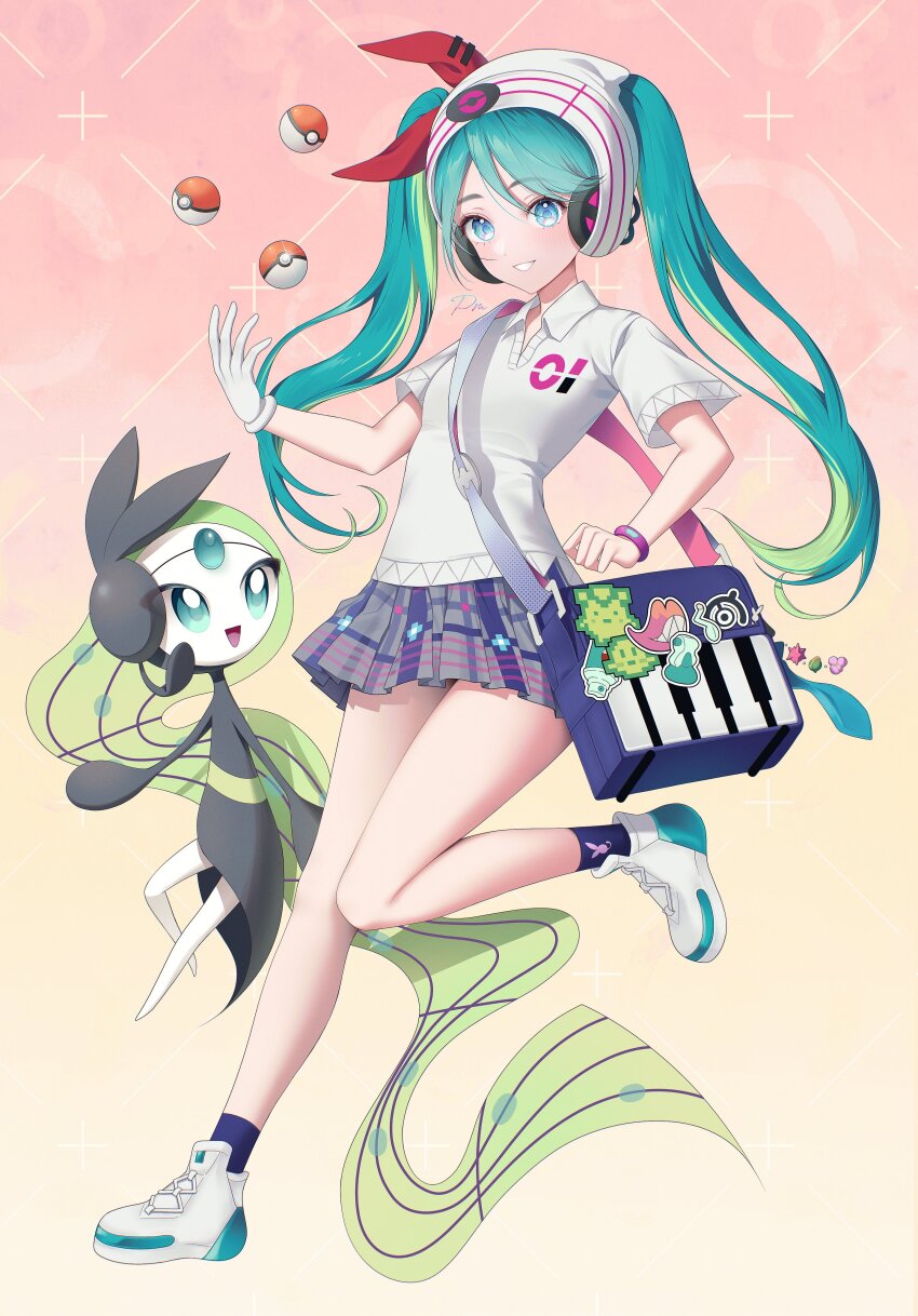 1girl absurdres bag beanie blue_eyes collared_shirt commentary_request gen_5_pokemon green_hair grin hat hatsune_miku highres knees_together_feet_apart korean_commentary leg_up legendary_pokemon long_hair meloetta mythical_pokemon nintendo pleated_skirt pm_(lily112100) poke_ball poke_ball_(basic) pokemon pokemon_(creature) project_voltage shirt shoes shoulder_bag skirt smile socks teeth twintails vocaloid white_footwear white_hat white_shirt
