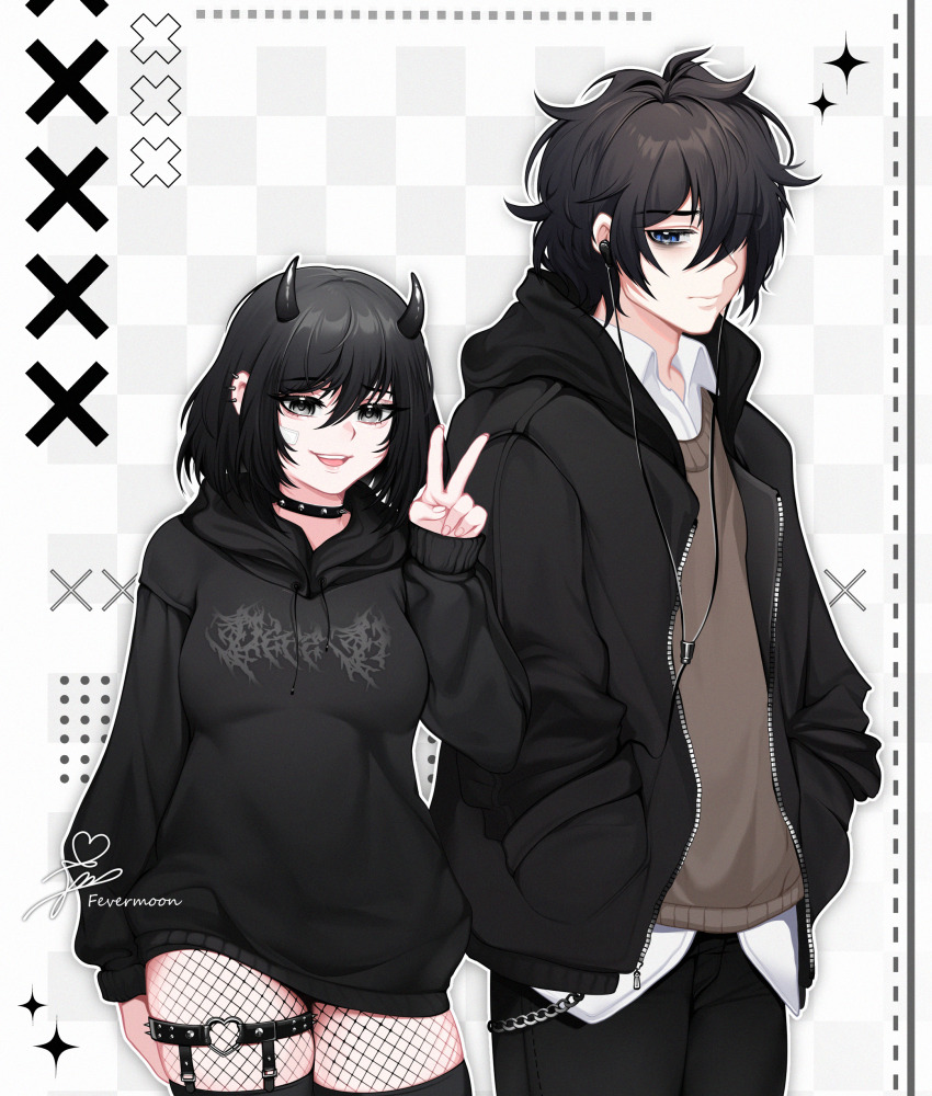 1boy 1girl absurdres bags_under_eyes bandaid bandaid_on_face black_collar black_eyes black_hair black_hoodie black_jacket black_pants black_thighhighs blue_eyes breasts brown_sweater closed_mouth clothes_writing collar demon_horns ear_piercing earphones eyebrows_hidden_by_hair fevermoun fishnet_pantyhose fishnets hair_between_eyes hands_in_pockets highres hood hoodie horns jacket looking_at_viewer medium_breasts medium_hair open_mouth original pants pantyhose piercing shirt smile sweater teeth thigh_strap thighhighs upper_teeth_only v white_shirt