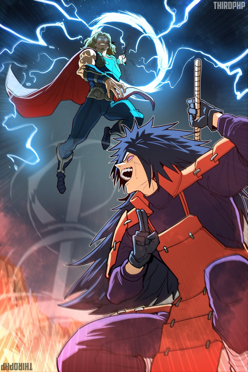 2boys absurdres arm_up armor artist_name avengers_(series) bare_shoulders battle beard biceps black_gloves black_hair black_pants black_shirt black_sky blonde_hair blue_footwear blue_pants blurry blurry_background boots breastplate cape check_copyright copyright_request cracked_skin crossover deltoids dou edo_tensei electricity emphasis_lines facial_hair film_grain floating floating_cape from_below gloves glowing glowing_eyes goatee_stubble halftone hand_up highres holding holding_behind_back holding_sword holding_weapon holding_weapon_behind_back incoming_attack japanese_armor kote kuji-in kusazuri lightning long_hair looking_at_another looking_down looking_up male_focus marvel mjolnir_(marvel) multiple_boys muscular muscular_male naruto_(series) naruto_shippuuden ninja open_hand outline pants parted_hair red_armor red_cape rinnegan shirt shoulder_armor sky smile smoke smoke_trail spiked_hair squatting stubble superhero_costume sword teeth thirdphp thor_(marvel) turtleneck uchiha_madara undead upper_teeth_only vambraces very_long_hair weapon white_outline