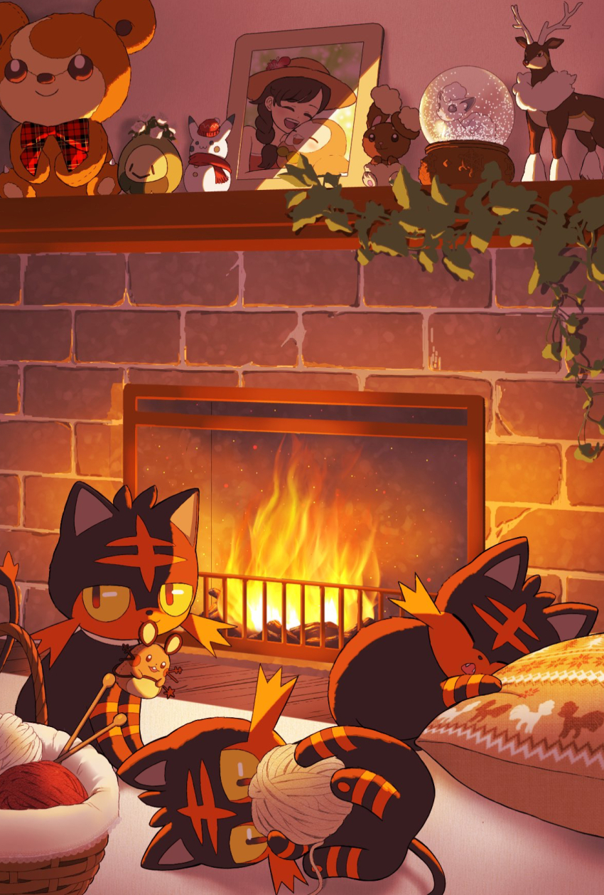 :o alolan_form alolan_vulpix budew buneary character_doll closed_eyes commentary_request cushion dedenne fangs fire fireplace gen_2_pokemon gen_4_pokemon gen_5_pokemon gen_6_pokemon gen_7_pokemon highres holding indoors litten lying mouth_hold mri_361 nintendo no_humans on_side open_mouth photo_(object) pokemon pokemon_(creature) pokemon_usum sawsbuck sawsbuck_(winter) selene_(pokemon) shelf sitting smile snow_globe stuffed_animal stuffed_toy teddiursa teddy_bear yarn yarn_ball
