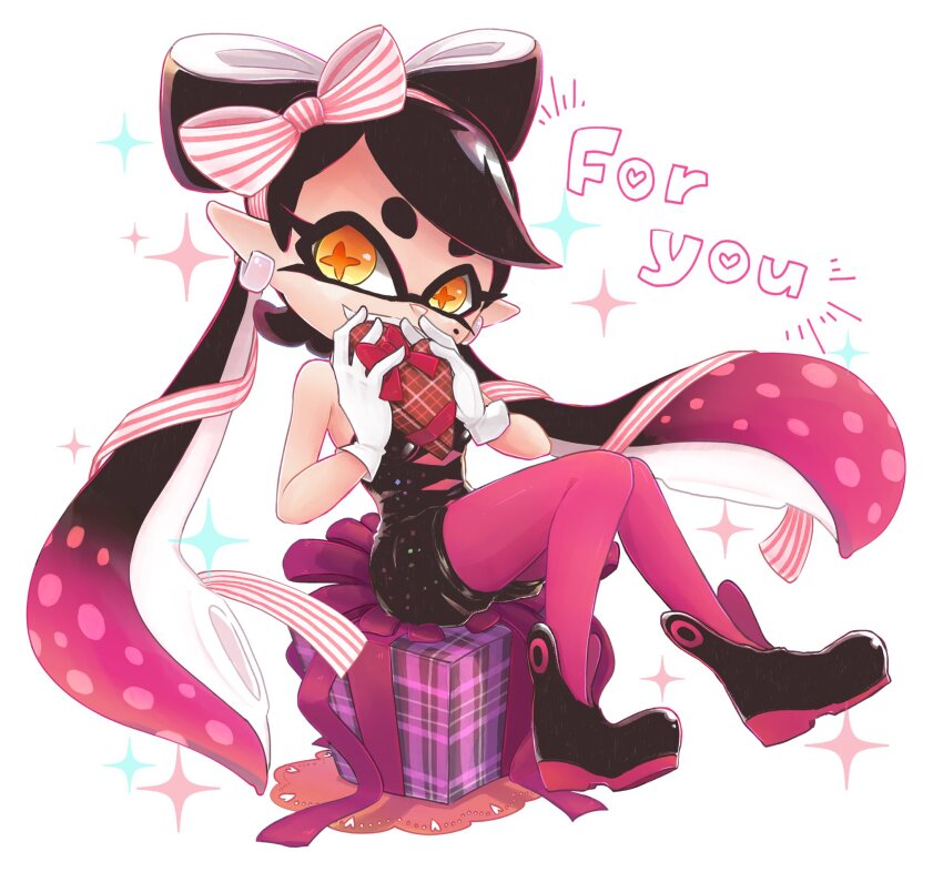 +_+ 1girl alternate_hair_ornament ankle_boots black_boots black_hair black_jumpsuit boots bow box callie_(splatoon) callie_(squid_sisters_outfit)_(splatoon) commentary cross-shaped_pupils doily earrings english_commentary english_text gift gloves hair_bow heart-shaped_box highres holding holding_gift inkling jewelry jumpsuit long_hair looking_at_viewer mixed-language_commentary mole mole_under_eye nintendo okome_2g2g open_mouth panties pink_bow pink_hair pink_panties pointy_ears short_jumpsuit sitting smile solo splatoon_(series) splatoon_1 swept_bangs symbol-shaped_pupils tentacle_hair underwear valentine very_long_hair white_background white_gloves yellow_eyes