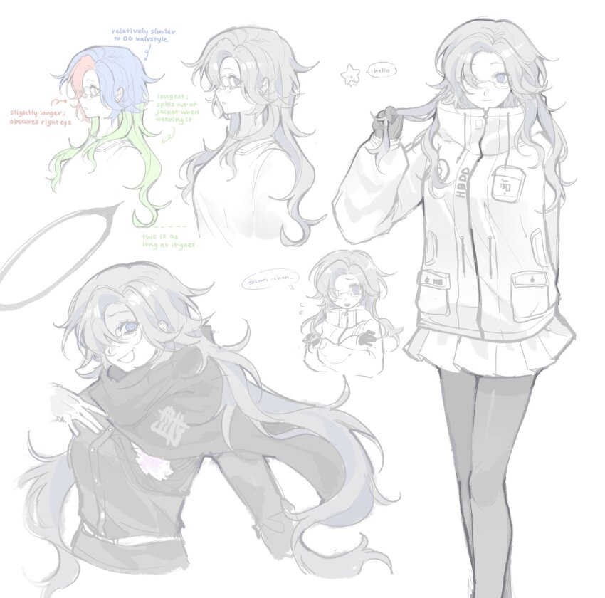 1girl aotsuki_eito arm_behind_back black_gloves blue_eyes commentary crossed_arms english_commentary english_text genderswap genderswap_(mtf) glasses gloves grey_hair hair_between_eyes highres jacket last_defense_academy_school_uniform long_hair long_sleeves multiple_views open_mouth pale_skin pantyhose pleated_skirt school_uniform simple_background skirt spoilers the_hundred_line_-last_defense_academy- very_long_hair white_background white_gloves white_jacket white_skirt xin_ci