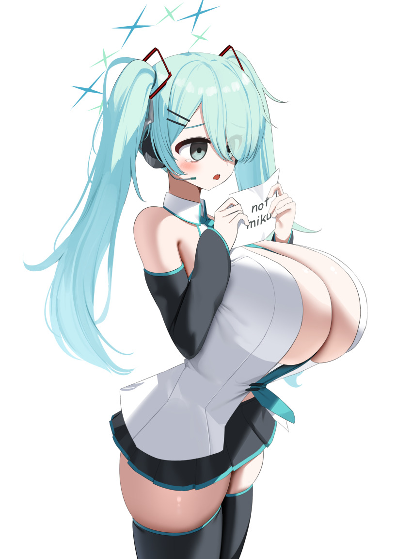1girl absurdres aqua_eyes aqua_hair aqua_necktie bare_shoulders between_breasts black_skirt black_sleeves black_thighhighs blue_archive breasts cleavage commentary_request cosplay detached_sleeves eyes_visible_through_hair hair_ornament hair_over_one_eye hairclip halo hatsune_miku hatsune_miku_(cosplay) headset highres hiyori_(blue_archive) holding holding_paper huge_breasts long_hair miniskirt necktie necktie_between_breasts nicorima open_mouth paper shirt simple_background skindentation skirt sleeveless sleeveless_shirt solo thighhighs thighs twintails white_background white_shirt zettai_ryouiki
