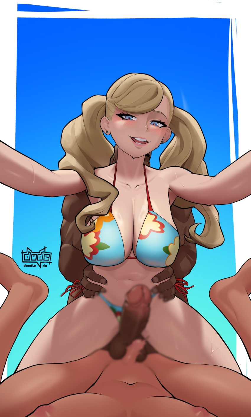 1girl 2boys :d absurdres bikini blonde_hair blue_bikini blue_eyes blue_sky blur_censor breasts censored cleavage collarbone dark-skinned_male dark_skin dude-doodle earrings erection floral_print_bikini highres interracial jewelry large_breasts large_penis looking_at_viewer multiple_boys navel netorare open_mouth penis penis_size_difference persona persona_5 pov pov_crotch sky small_penis smile stud_earrings swimsuit takamaki_anne testicles twintails