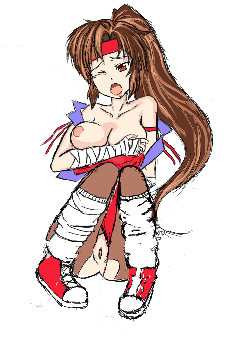 1girl ass breakers breasts brown_eyes brown_hair brown_socks cleavage clothing_aside covering_privates covering_breasts cowboy_shot female_focus full_body headband highres jacket leg_warmers leotard leotard_aside lips long_hair looking_at_viewer loose_socks nipples one_eye_closed open_mouth pantyhose ponytail pussy shoes simple_background sitting sketch smile sneakers socks solo strapless strapless_leotard tia_langray torn_clothes torn_legwear uncensored wedgie white_background wince wrist_wrap