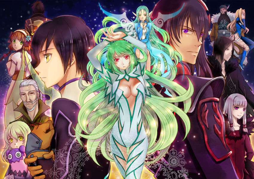 6+boys 6+girls agria_(tales) alvin_(tales) arms_up beard black_hair blonde_hair blue_footwear boots breasts brown_hair cleavage coat doll elize_lutus everyone facial_hair gaius_(tales) gloves green_eyes green_hair hairband highres jiao_(tales) jude_mathis knee_boots leia_rolando long_hair milla_maxwell multiple_boys multiple_girls muzet_(tales) official_alternate_costume pointy_ears presa_(tales) purple_eyes red_eyes rowen_j._ilbert short_hair tales_of_(series) tales_of_xillia teepo_(tales) thigh_gap white_hair wingul_(tales) yellow_eyes youhe youhe_qri