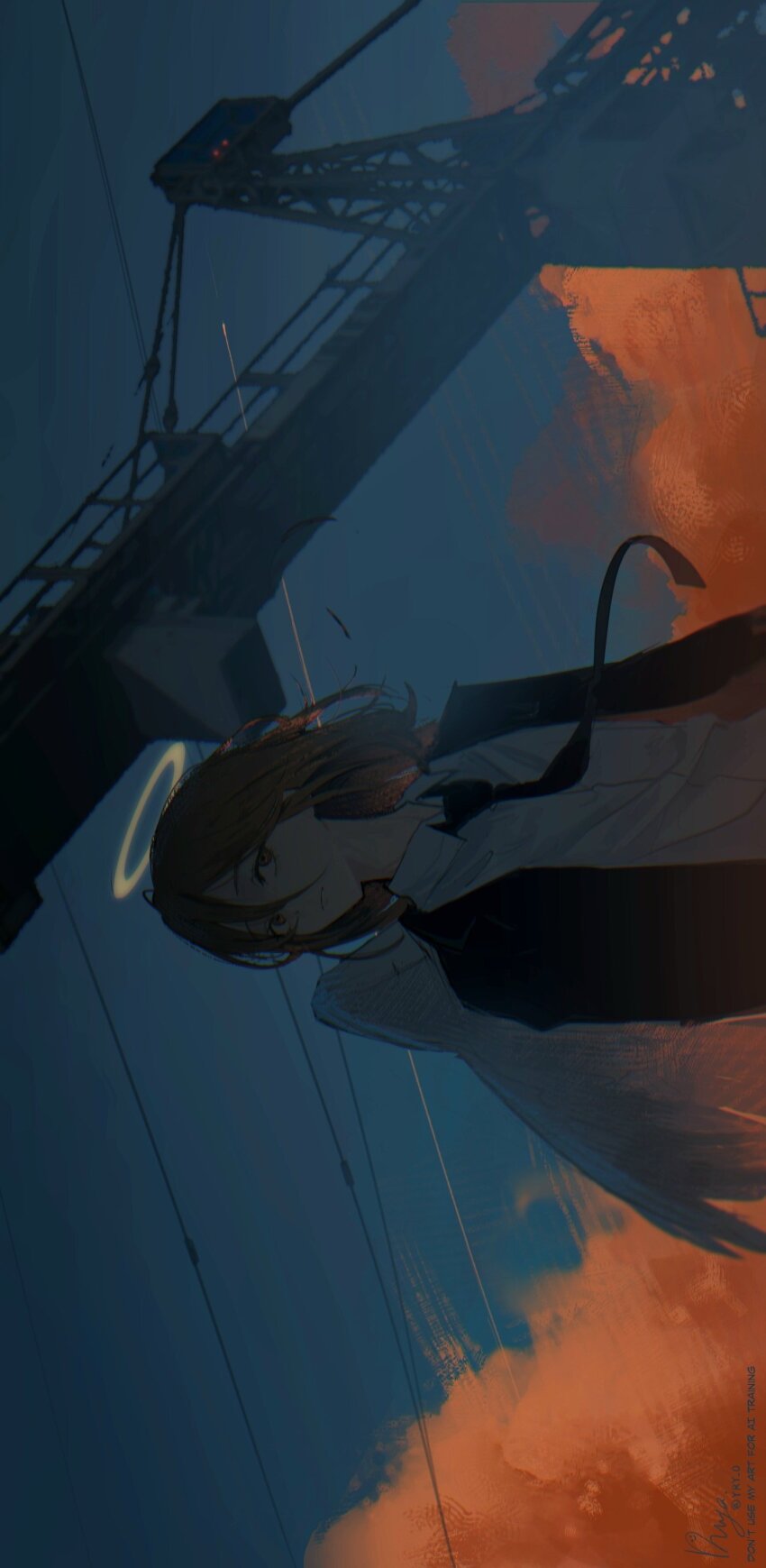 1boy absurdres angel angel_devil_(chainsaw_man) angel_wings black_jacket black_necktie black_suit business_suit chainsaw_man feathered_wings formal_clothes glowing glowing_halo halo highres jacket necktie ryane_(yry_0) shirt_tucked_in suit suit_jacket traditional_halo white_wings wings