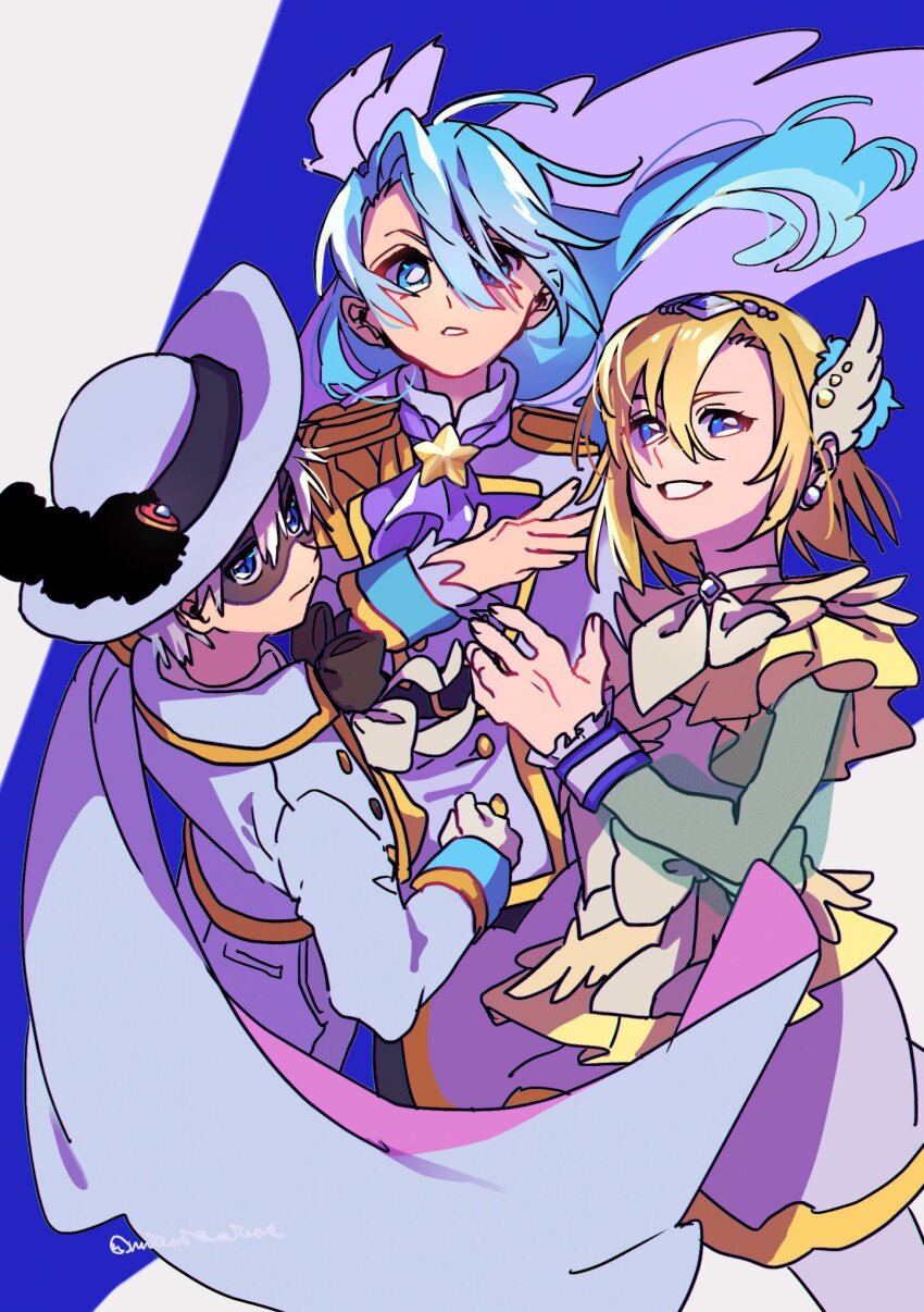 3boys ascot asymmetrical_bangs beads belt belt_buckle black_belt black_bow black_bowtie black_mask black_pants black_pepper_(precure) blonde_hair blue_background blue_eyes blue_hair blue_sleeve_cuffs bow bowtie buckle cape choker clenched_hand coat collared_coat commentary_request cowboy_shot crossdressing crossdressing_(mtf) cure_infini delicious_party_precure epaulettes eye_mask floating_clothes floating_hair frilled_shirt frills gold_buckle green_bow green_shirt grin hair_beads hair_between_eyes hair_ornament hair_over_one_eye hat hat_feather headset highres hugtto!_precure in-franchise_crossover julio_(precure) kirakira_precure_a_la_mode long_hair long_sleeves magical_boy magical_girl male_focus military_uniform miniskirt multiple_boys pants pantyhose parted_lips precure purple_ascot sekiguchi_(mitemite_mitene) shinada_takumi shirt side_cape signature skirt sleeve_cuffs smile standing sun_hat two-tone_background very_long_hair waist_bow wakamiya_henri white_background white_bow white_bowtie white_cape white_choker white_coat white_hat white_pantyhose white_skirt wing_hair_ornament