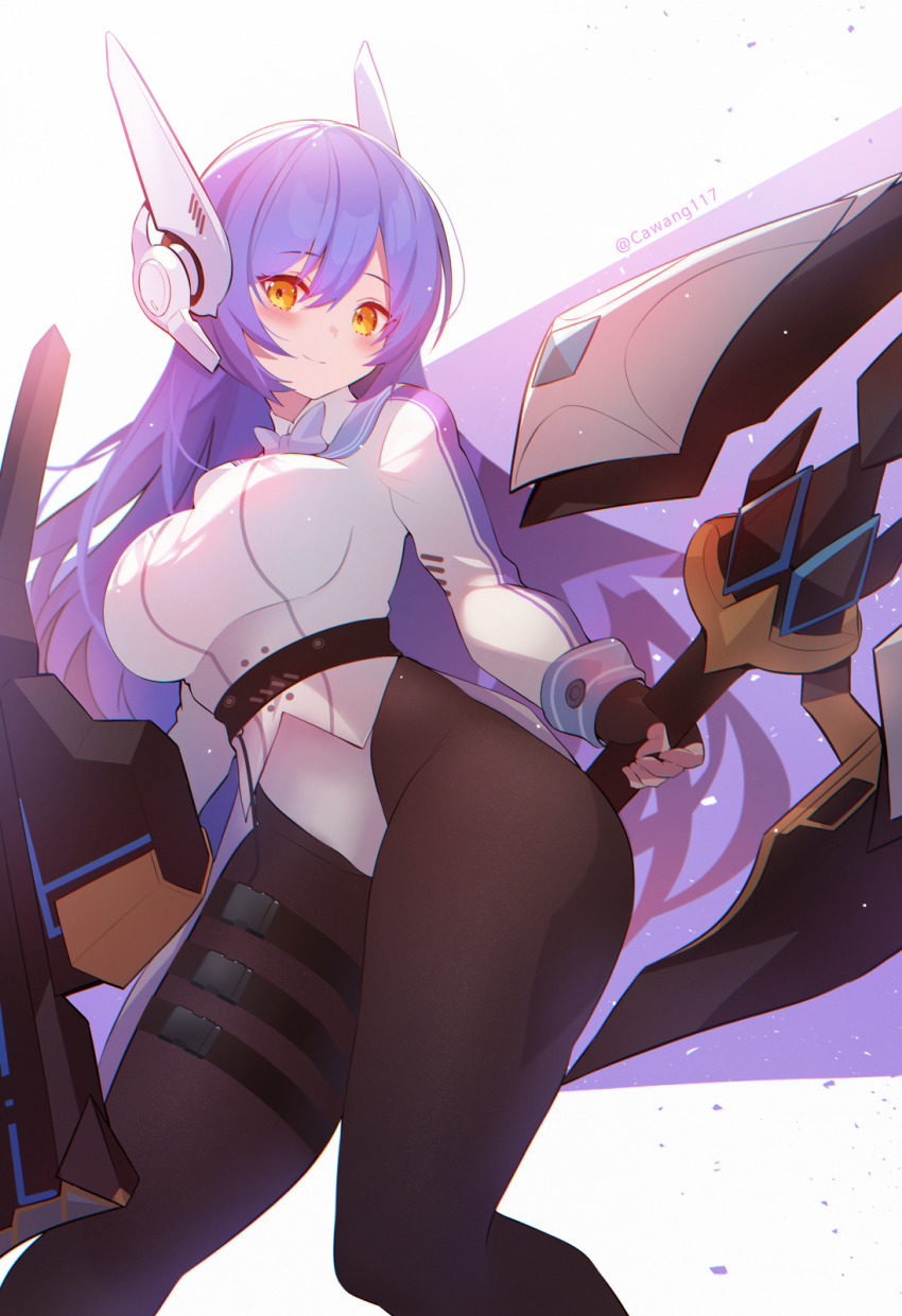1girl assault_rifle black_pantyhose blue_background blue_hair blue_necktie bullpup cawang girls&#039;_frontline gradient_background gun hair_between_eyes hexagram highres iwi_tavor lance leotard long_hair necktie pantyhose polearm rifle robot_ears shield side-tie_leotard solo star_of_david tar-21_(girls&#039;_frontline) tavor_tar-21 twitter_username weapon white_background white_leotard yellow_eyes