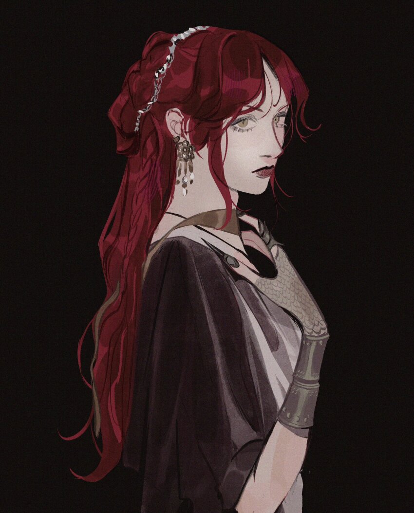1girl black_background black_eyeshadow braid chappell_roan_(person) closed_mouth commentary earrings english_commentary eyeshadow fake_nails half_updo highres jewelry long_hair makeup marion_bordeyne profile real_life red_hair red_lips sidelocks simple_background solo upper_body