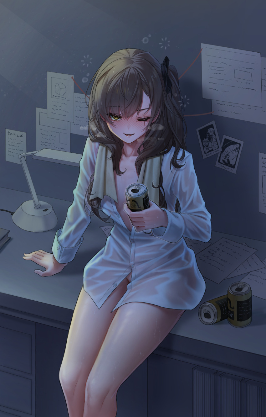 1girl blush brown_hair can commentary desk_lamp dress_shirt english_commentary g11_(girls&#039;_frontline) girls&#039;_frontline girls&#039;_frontline_2:_exilium heavy_breathing highres hk416_(girls&#039;_frontline) holding holding_can klukai_(girls&#039;_frontline_2) lamp lenna_(girls&#039;_frontline_2) leva_(girls&#039;_frontline_2) looking_at_viewer mechty_(girls&#039;_frontline_2) naked_shirt no_panties on_table one_eye_closed one_side_up parted_lips partially_unbuttoned photo_(object) revok scar scar_across_eye scar_on_face shirt sitting smile solo sweat table towel towel_around_neck ump45_(girls&#039;_frontline) ump9_(girls&#039;_frontline) white_shirt