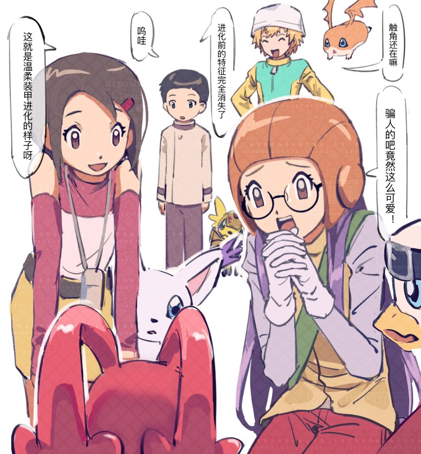 bare_shoulders blonde_hair brown_eyes brown_hair commentary_request digimon digimon_adventure_02 group_picture hawkmon hida_iori highres inoue_miyako long_hair patamon pucchiemon purple_hair short_hair simple_background speech_bubble tailmon takaishi_takeru translation_request yagami_hikari yue_da02ren