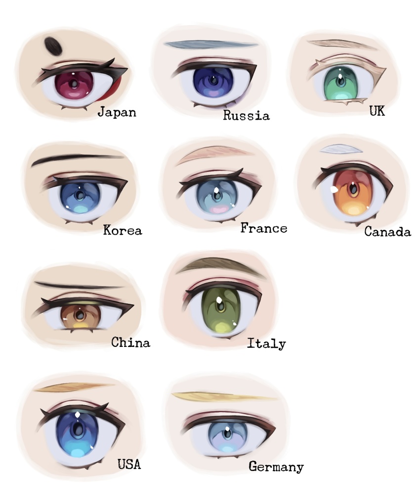 6+girls blue_eyes brown_eyes canada china china_(kuroussa) colored_eyelashes english_text eye_focus france_(kuroussa) germany green_eyes highres japan japan_(kuroussa) korea kuroussa multiple_girls orange_eyes original personification purple_eyes red_eyes russian_empire_(kuroussa) south_korea_(kuroussa) united_states