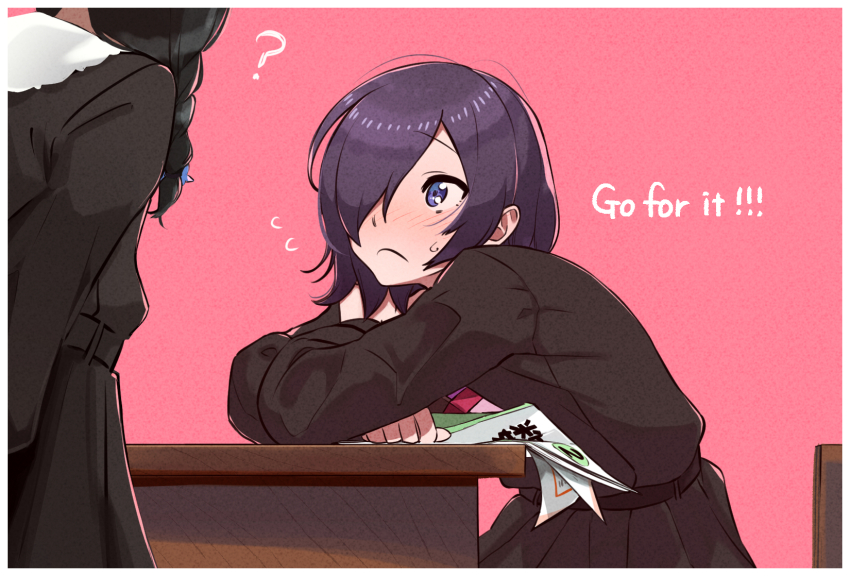 2girls ? blue_eyes book braid chair crossed_arms desk english_text flowers_(innocent_grey) flying_sweatdrops frown gift hanabishi_rikka highres holding holding_book holding_gift long_sleeves multiple_girls pink_background purple_hair school_uniform shishima_eichi sitting small_sweatdrop tsuwabuki_chika yuri