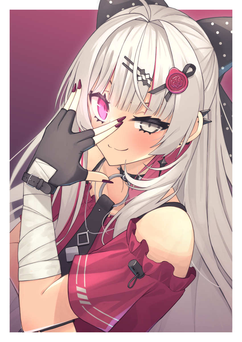 1girl :3 \\// absurdres ahoge bare_shoulders bow choker earrings fingerless_gloves fingernails gloves glowing glowing_eye grey_eyes grey_hair hair_bow hair_ornament hairclip heterochromia highres hoshi_shimeji_(yuki-e-toriusu1) ishigami_nozomi ishigami_nozomi_(1st_costume) jewelry long_fingernails looking_at_viewer nail_polish nijisanji pink_eyes sharp_fingernails solo spiked_choker spikes uneven_eyes v v_over_eye virtual_youtuber