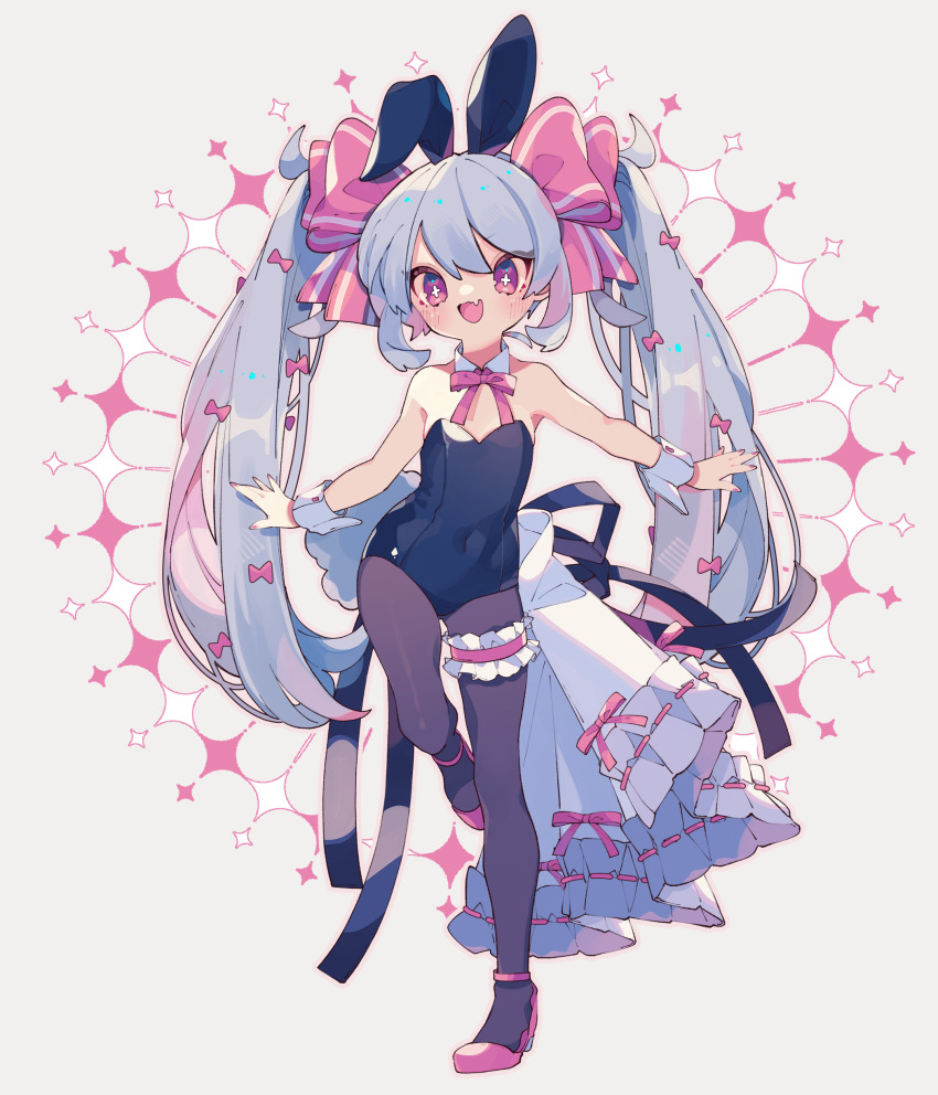 1girl absurdres animal_ears black_leotard black_pantyhose black_ribbon blue_hair blush bow commentary covered_navel dated_commentary detached_collar eyes_visible_through_hair fang frilled_thigh_strap full_body hair_bow high_heels highres leg_up leotard loli long_hair neck_ribbon open_mouth original ozureiji pantyhose pink_bow pink_eyes pink_ribbon pink_shoes playboy_bunny rabbit_ears rabbit_tail ribbon shoes skin_fang smile solo symbol-only_commentary tail thigh_strap tsurime twintails very_long_hair wrist_cuffs