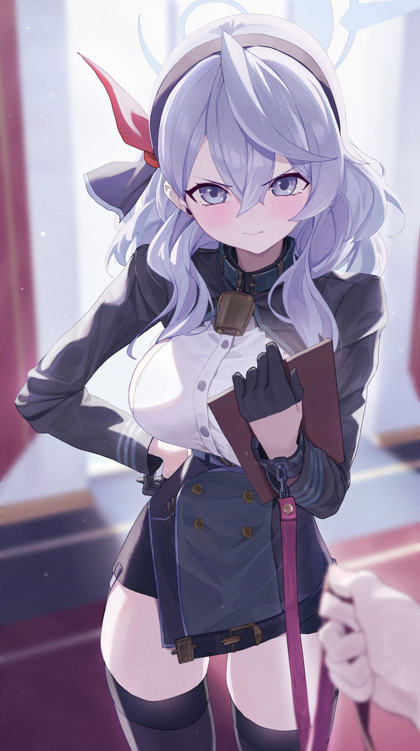 1girl 1other absurdres ako_(blue_archive) backlighting bell black_gloves black_hairband black_skirt black_thighhighs blue_archive blue_eyes blue_hair blue_halo blurry blurry_background blush breasts chinese_commentary commentary_request cowbell cowboy_shot depth_of_field film_grain frown gloves hairband half_gloves halo hand_on_own_hip highres indoors large_breasts leash long_sleeves looking_at_viewer medium_hair neck_bell pov pov_hands re_naya shirt sideless_outfit sideless_shirt single_handcuff skirt standing tears thighhighs v-shaped_eyebrows viewer_holding_leash white_shirt