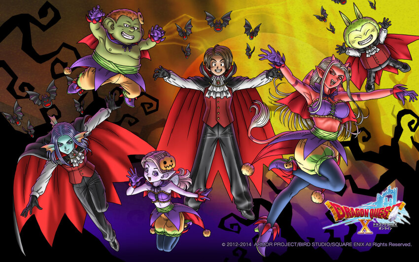 3boys 3girls aqua_skin artist_request ascot bat_(animal) black_cape black_gloves black_pants breasts brown_hair cape claw_pose closed_eyes colored_skin copyright_logo copyright_name dragon_quest dragon_quest_x dwarf_(dq10) elf_(dq10) fairy_wings fake_teeth fangs fins fish_girl floating_cape gloves green_fur green_skin grin hair_ornament halloween halloween_costume head_fins hero_(dq10) highres horns jack-o&#039;-lantern jack-o&#039;-lantern_hair_ornament large_ears long_hair looking_at_viewer looking_to_the_side medium_breasts midriff multiple_boys multiple_girls official_art official_wallpaper ogre_(dq10) open_mouth orange_hair pants parted_hair pink_hair pink_skin plump pointy_ears puklipo purple_eyes purple_hair red_cape red_eyes red_horns red_skin red_vest shirt shoulder_spikes small_breasts smile spikes tail third-party_source topless_male two-sided_cape two-sided_fabric vampire_costume vest weddie_(dq10) white_ascot white_hair white_shirt wings yellow_skin