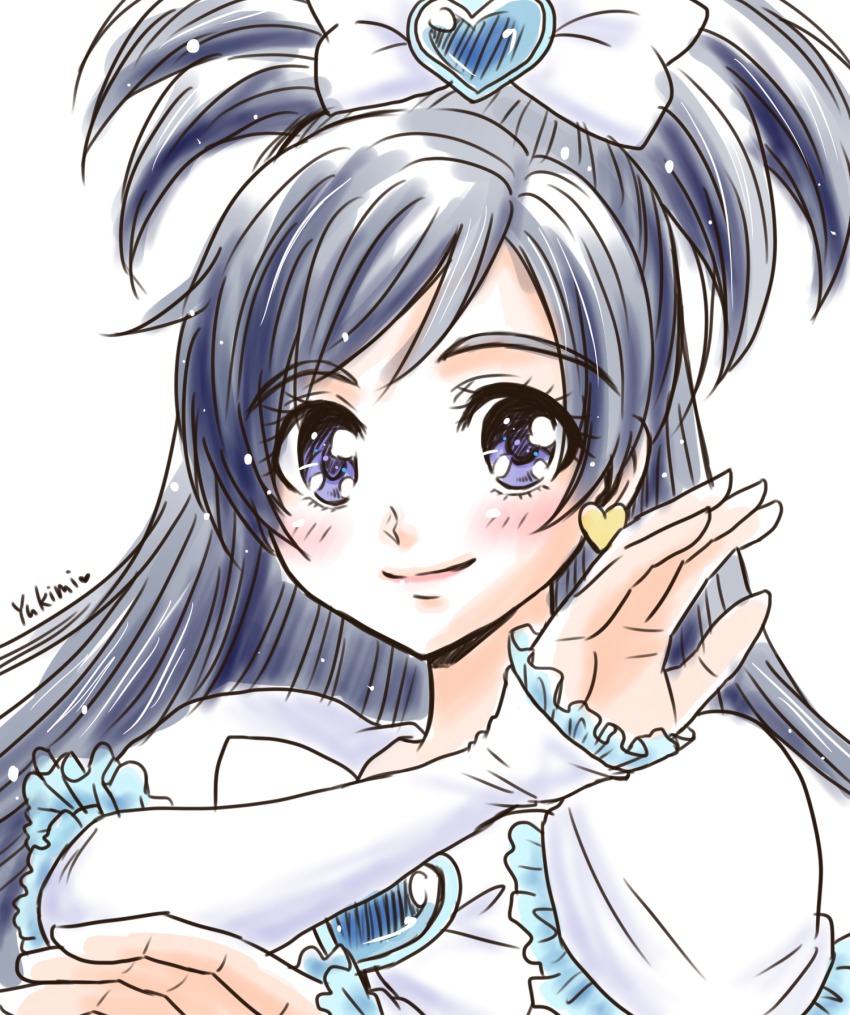 00s 1girl arm_warmers artist_name bad_id bad_pixiv_id blue_eyes blue_hair blush brooch cure_white detached_sleeves dress english_text eyelashes female_focus futari_wa_precure hair_ornament hair_ribbon half_updo happy heart heart_brooch highres jewelry long_hair looking_at_viewer magical_girl matching_hair/eyes precure ribbon simple_background smile solo standing white_background white_dress yukimi_(kurumi-no-naruki) yukishiro_honoka