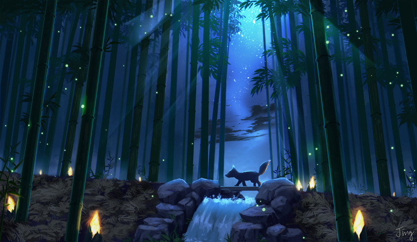 animal bamboo bamboo_forest bamboo_shoot bug commentary firefly forest fox insect jing_(jiunn1985matw) light_rays moonbeam moonlight nature night no_humans original outdoors river rock scenery