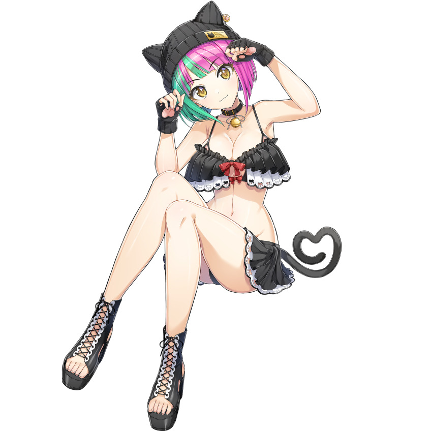 1girl :3 animal_ear_headwear beanie bell bikini black_bikini black_gloves black_shoes bob_cut breasts cat_tail cleavage closed_mouth collar diagonal_bangs dolphin_wave fake_animal_ears fake_tail fingerless_gloves frilled_bikini frills game_cg gloves green_hair hat helly_lewis highres jingle_bell large_breasts looking_at_viewer multicolored_hair navel neck_bell non-web_source official_art ootomo_takuji paw_pose paw_print pink_hair shoes sitting solo split-color_hair sprite swimsuit tail transparent_background two-tone_hair yellow_eyes