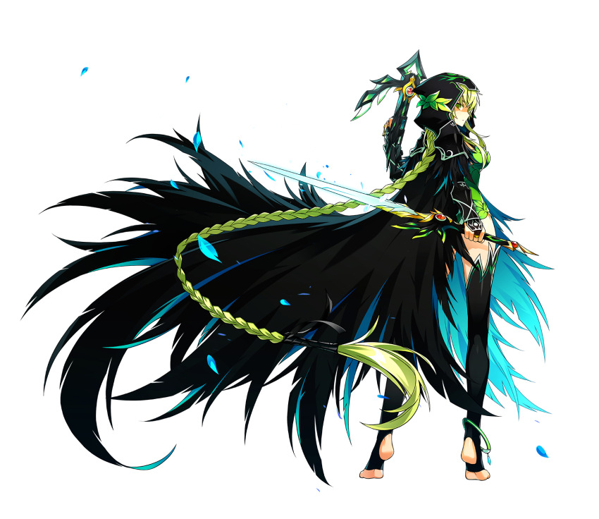 1girl absurdly_long_hair black_cloak black_thighhighs blue_cloak bow_(weapon) braid breasts cloak crossbow dress elsword feather-trimmed_cloak feathers floating_clothes floating_hair from_behind full_body game_cg green_dress green_eyes green_hair hair_between_eyes hair_through_hood highres holding holding_behind_back holding_crossbow holding_sword holding_weapon holding_weapon_behind_back hood hood_up hooded_cloak hwansang large_breasts long_hair looking_at_viewer official_art parted_lips rena_erindel short_dress sidelocks single_braid solo standing stirrup_legwear strapless strapless_dress sword tachi-e thighhighs tiptoes toeless_legwear transparent_background two-sided_cloak two-sided_fabric very_long_hair weapon