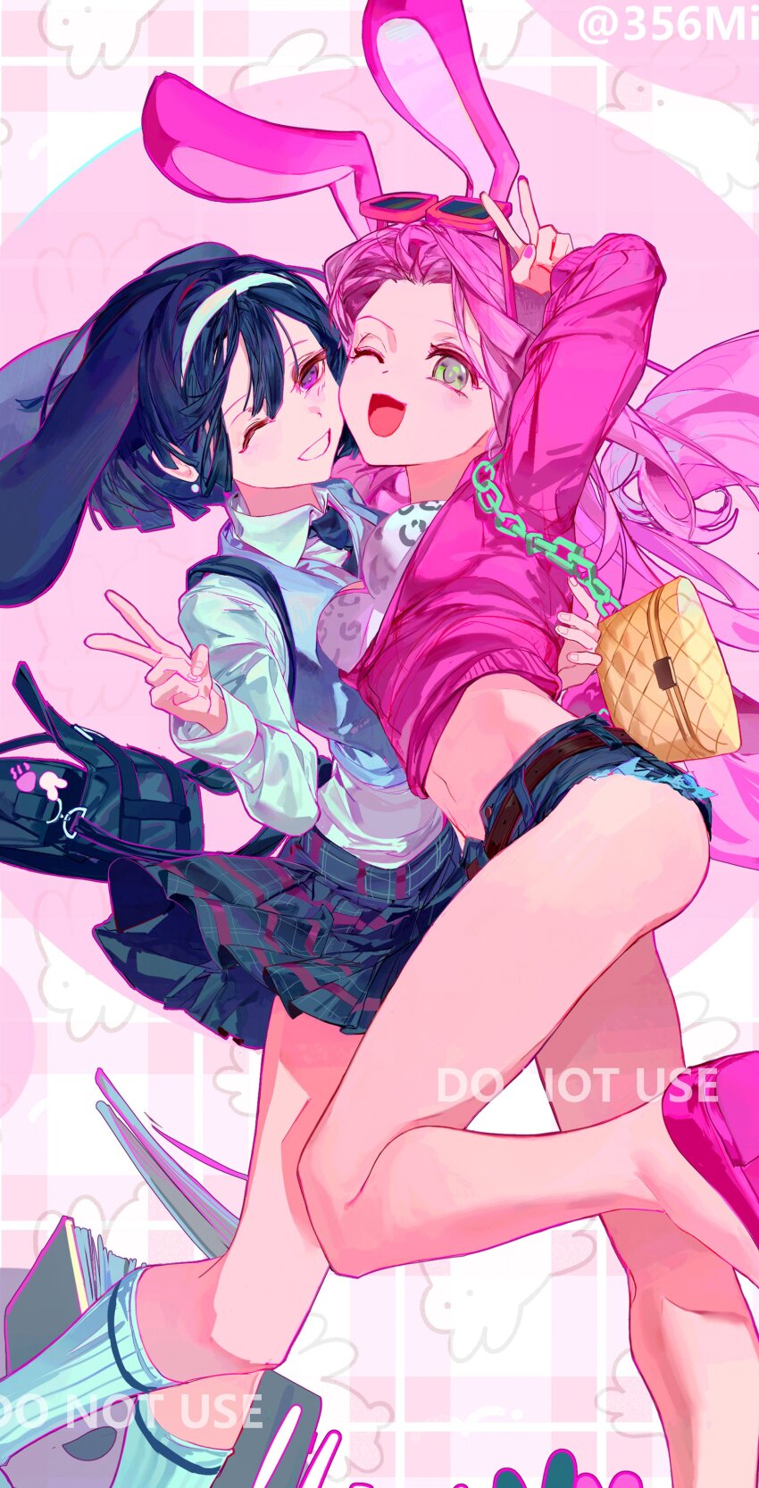 2girls 356migoro absurdres alien_stage animal_ears animal_print arm_around_back bag black_hair black_skirt blue_sweater_vest collared_shirt commentary crop_top denim denim_shorts english_commentary eyewear_on_head foot_up green_eyes highres jacket leopard_print long_hair long_sleeves micro_shorts mizi_(alien_stage) multiple_girls official_alternate_costume one_eye_closed open_mouth pink_hair pink_jacket pink_nails pink_shoes purple_eyes rabbit_ears rabbit_girl shirt shoes short_hair shorts shoulder_bag skirt smile socks sua_(alien_stage) sunglasses sweater_vest v very_long_hair white_shirt white_socks yellow_bag
