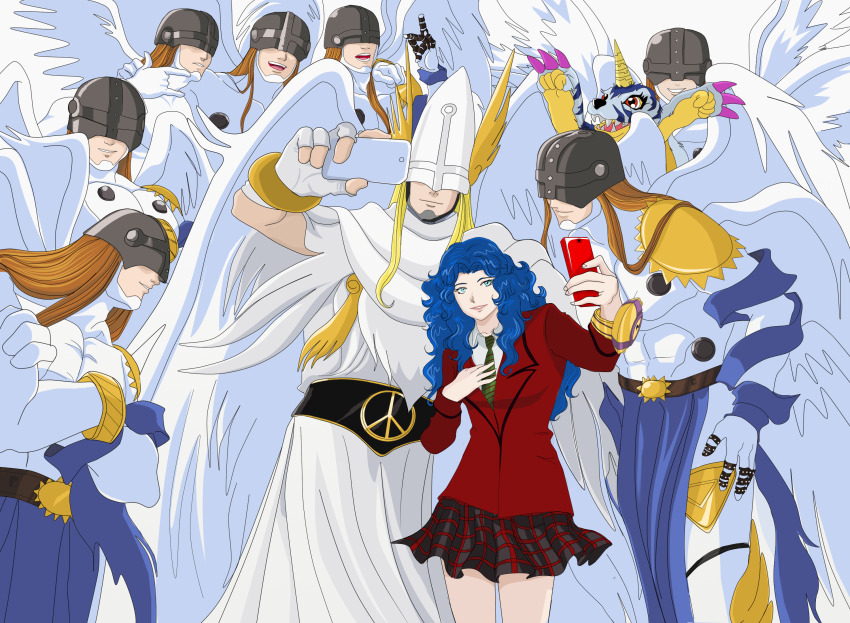 angel angel_boy angemon digimon digimon_(creature) gabumon happy highres holyangemon holyangemon_priest_mode long_hair mask selfie skirt smile wings