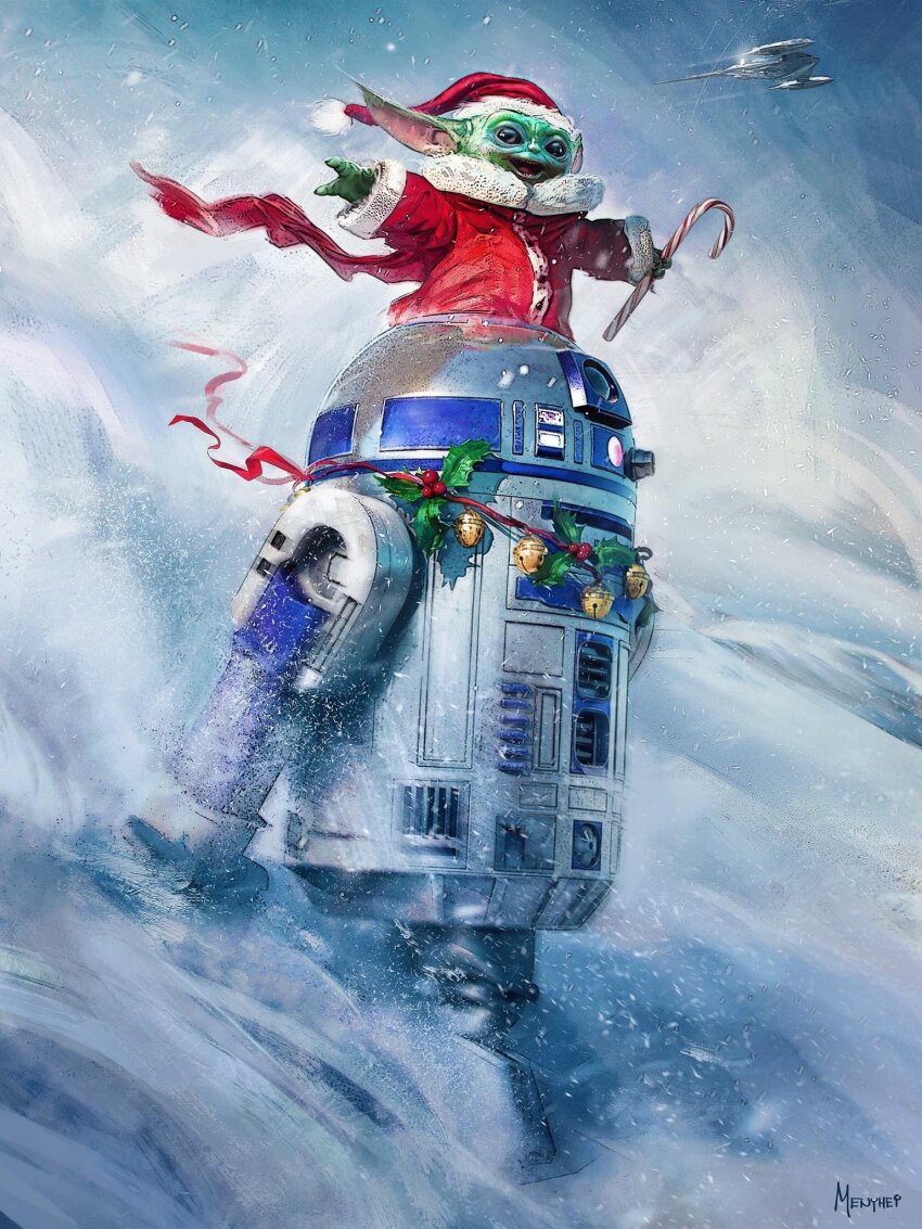 1boy alien artist_name astromech_droid bell black_eyes candy candy_cane christmas colored_skin commentary droid english_commentary food fur-trimmed_headwear fur-trimmed_jacket fur_trim green_skin grogu hat highres holding holding_candy holding_candy_cane holding_food holly jacket n-1_starfighter non-humanoid_robot open_mouth pom_pom_(clothes) r2-d2 red_hat red_jacket robot saby_menyhei santa_hat smile snow snowing spacecraft star_wars starfighter the_mandalorian
