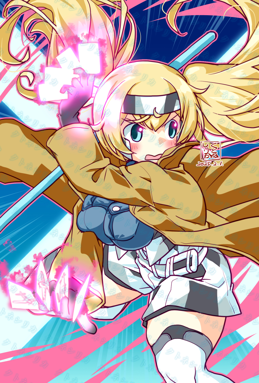 1girl between_fingers black_gloves blue_shirt bo_staff breast_pocket card card_between_fingers card_with_aura coat commentary_request cosplay feet_out_of_frame gambier_bay_(kancolle) gambit gambit_(cosplay) gloves glowing_card highres holding kantai_collection kutone_shirika marvel multicolored_headband multicolored_shorts pocket shirt shorts solo thighhighs white_shorts white_thighhighs x-men yellow_coat