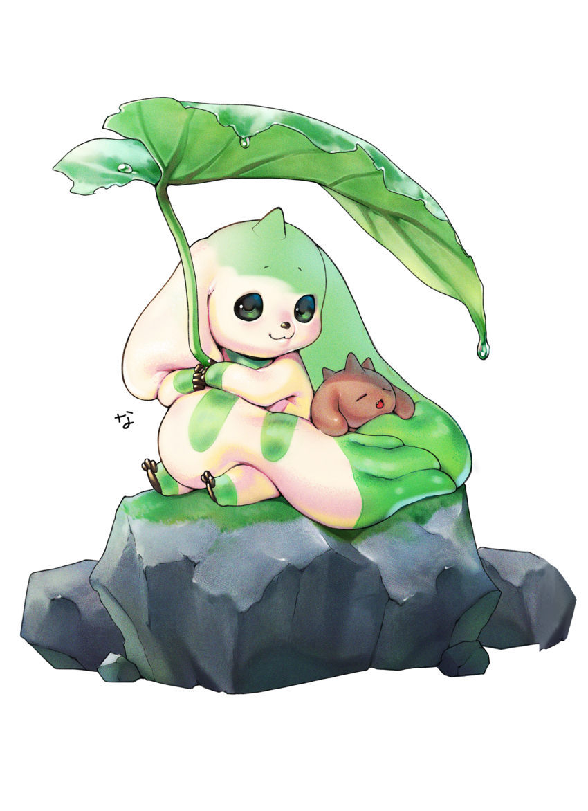 chocomon closed_eyes commentary_request digimon digimon_(creature) fang full_body giant_leaf green_eyes highres holding holding_leaf leaf leaf_umbrella looking_at_another nanja no_humans open_mouth rock simple_background sitting sleeping smile terriermon water_drop white_background