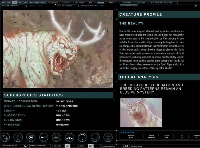 antlers character_name character_profile cross_promotion crossover day english_text giant giant_monster glowing glowing_eyes godzilla_(series) godzilla_vs._kong horns kaiju king_kong_(series) kingdom_kong kong:_skull_island legendary_pictures looking_at_viewer mohammad_yazid monster monsterverse mountain no_humans no_pupils official_art plant saliva sharp_teeth sky spirit_tiger teeth tie-in tiger tongue white_eyes