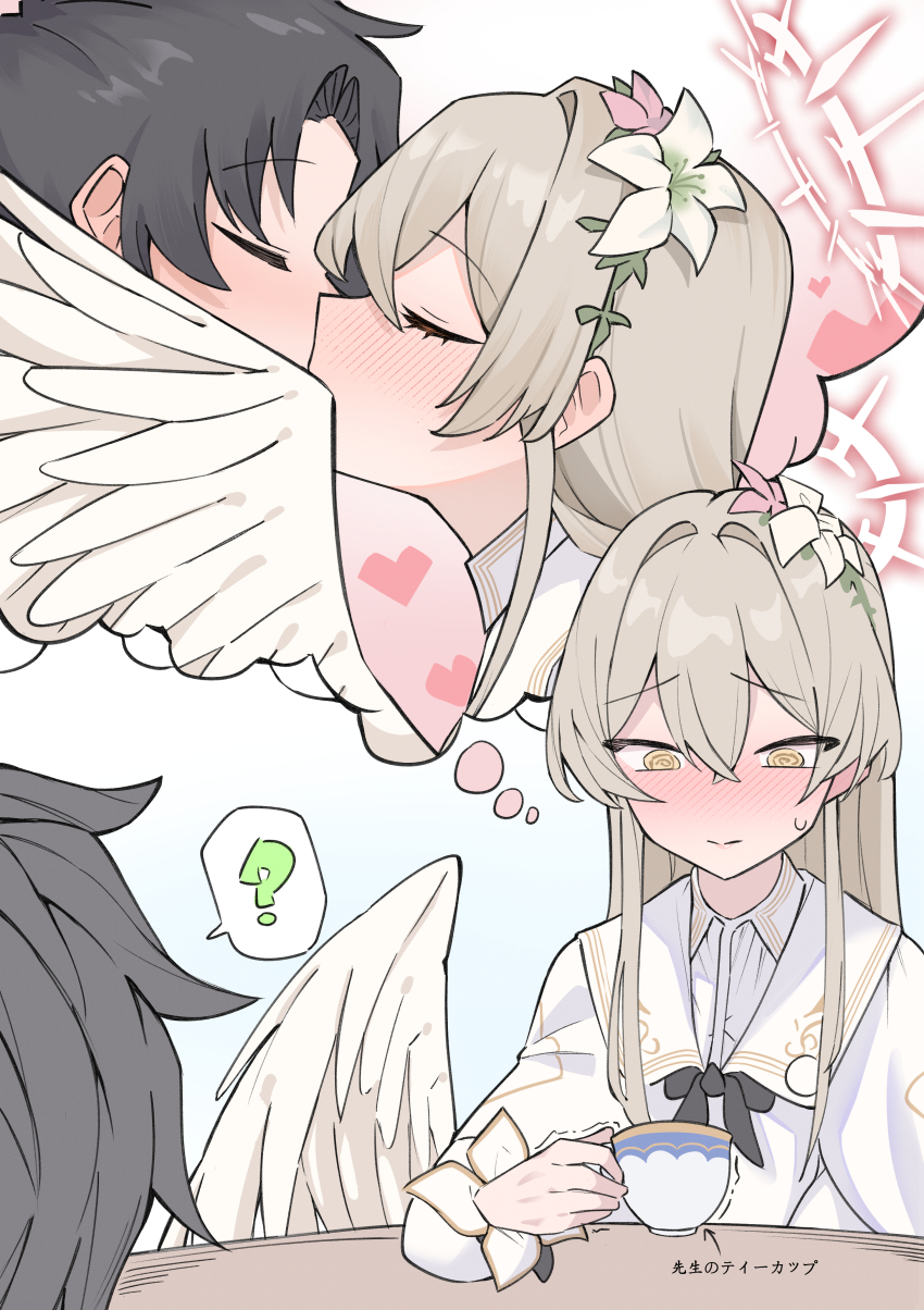 1boy 1girl ? @_@ absurdres ahti angel_wings black_bow black_hair blonde_hair blue_archive blush bow commentary_request cup dress feathered_wings flower hair_between_eyes hair_flower hair_ornament halo highres holding holding_cup imagining implied_kiss indirect_kiss long_hair nagisa_(blue_archive) sensei_(blue_archive) speech_bubble spoken_question_mark sweatdrop table teacup thought_bubble translation_request trembling white_dress white_wings wings yellow_eyes