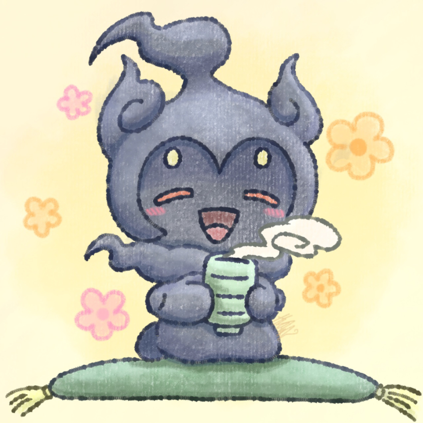 blush blush_stickers closed_eyes commentary cup drink flower full_body gen_7_pokemon highres holding holding_cup holding_drink legendary_pokemon marshadow marshadow_(gloom) mythical_pokemon nintendo on_pillow open_mouth pokemon pokemon_(creature) pokemon_focus smile solo steam user_jjhz4477