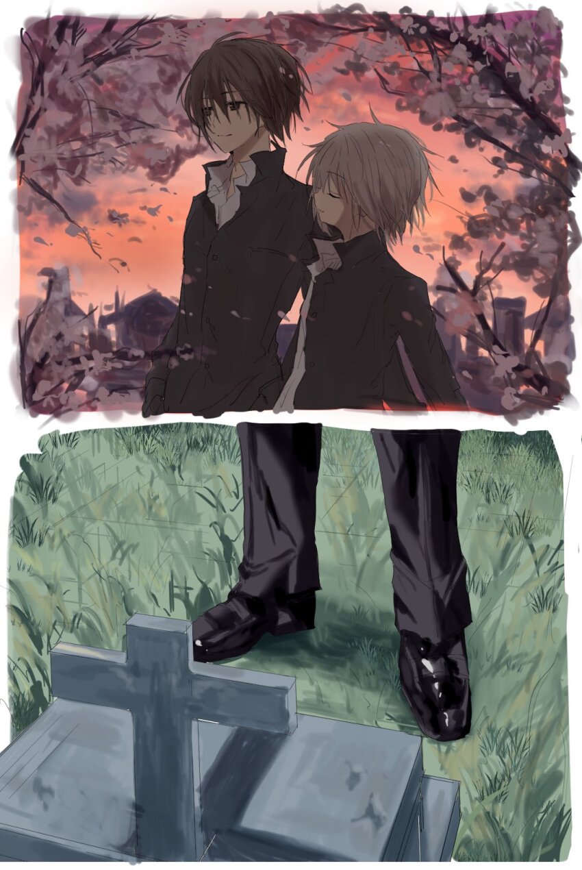 2boys black_jacket black_pants blonde_hair brown_eyes brown_hair cherry_blossoms closed_eyes closed_mouth collared_shirt highres jacket kasukasugom1 kusanagi_naoya male_focus multiple_boys natsume_kei_(sakura_no_uta) pants sakura_no_uta shirt short_hair smile tombstone white_shirt