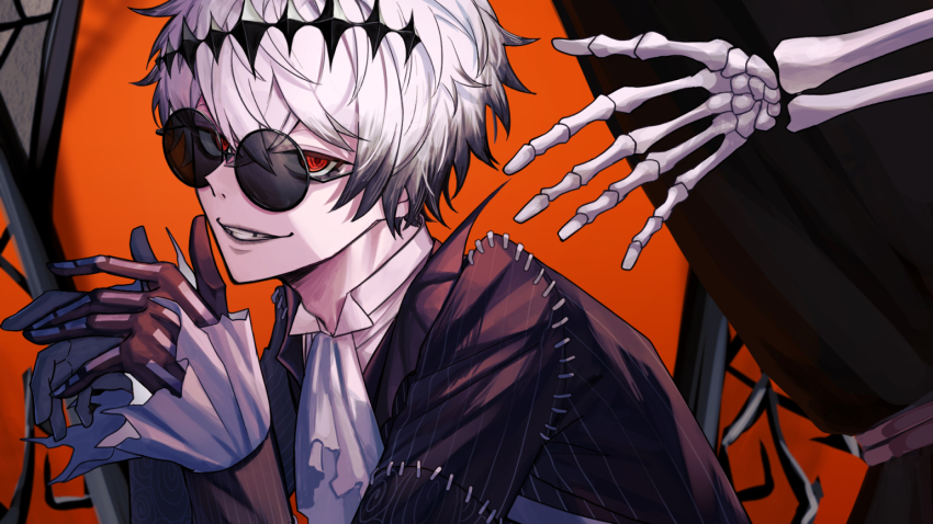 1boy ascot black_gloves black_jacket con3okita curtains gloves grin jacket looking_at_viewer male_focus missing_tooth orange_background orange_eyes ringed_eyes short_hair skeletal_arm skully_j._graves smile solo sunglasses twisted_wonderland white_ascot white_hair