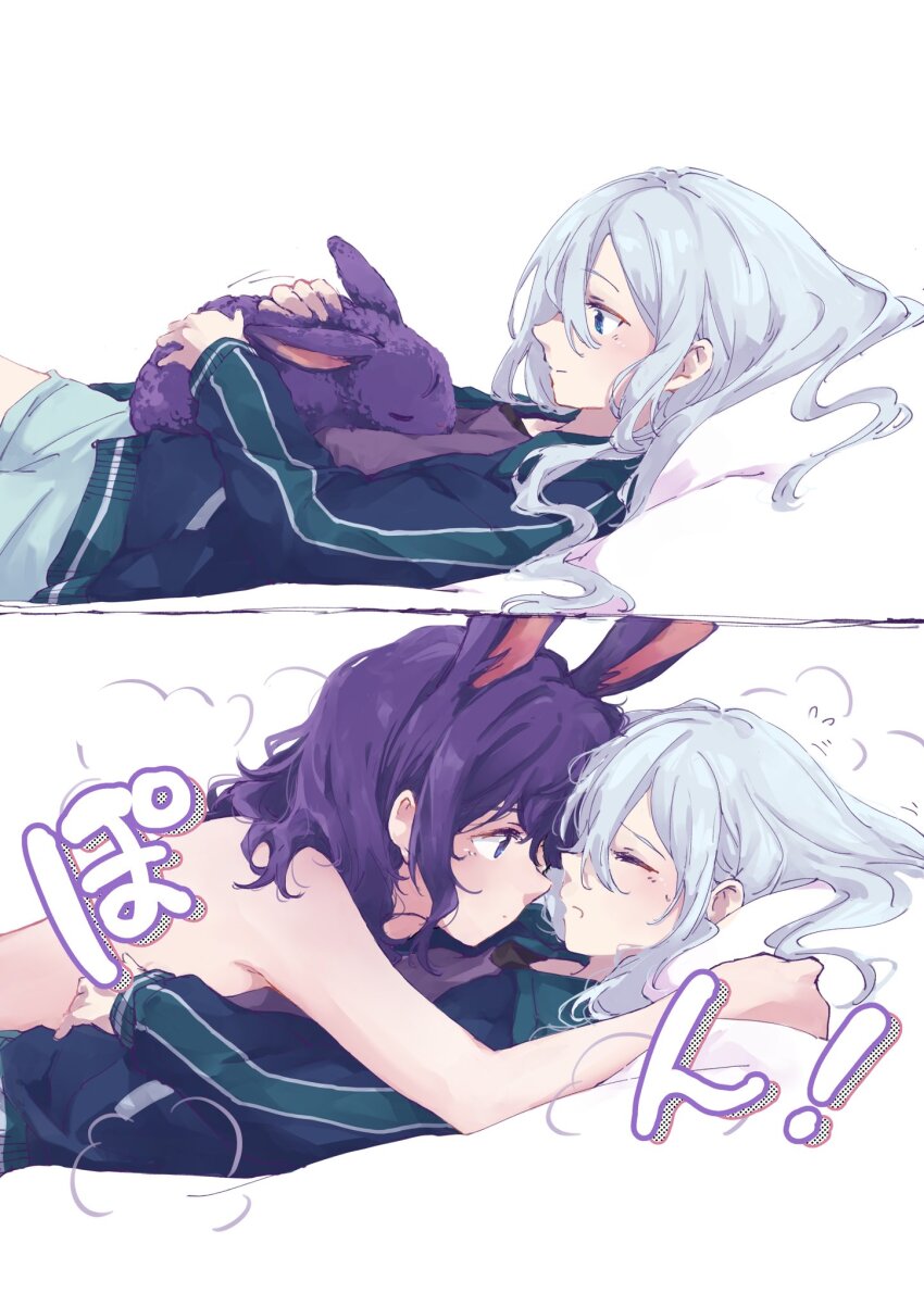 2girls animal_ears animalization asahina_mafuyu blue_eyes blue_shorts closed_eyes closed_mouth clothed_female_nude_female green_jacket grey_hair highres jacket kemonomimi_mode kunchim2_cat_transformation_template_(meme) l9525 long_hair long_sleeves looking_at_another lying_on_person meme multiple_girls nude project_sekai purple_eyes purple_hair rabbit rabbit_ears shorts simple_background smile track_jacket transformation white_background yoisaki_kanade yuri