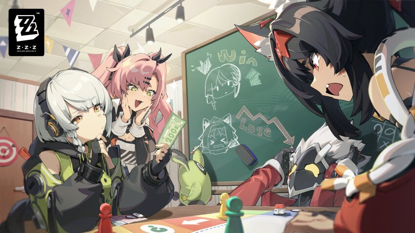 1boy 3girls amillion_(zenless_zone_zero) anby_demara animal_ears bangboo_(zenless_zone_zero) banknote bare_shoulders billy_kid board_game braid breasts cat_ears cat_girl cleavage commentary crying crying_with_eyes_open english_commentary english_text fake_money fingerless_gloves gloves grey_hair headphones highres holding holding_money humanoid_robot jacket long_hair long_sleeves money monopoly multiple_girls nekomiya_mana nicole_demara official_art open_mouth robot short_hair single_braid sleeveless sleeveless_jacket smile tears zenless_zone_zero