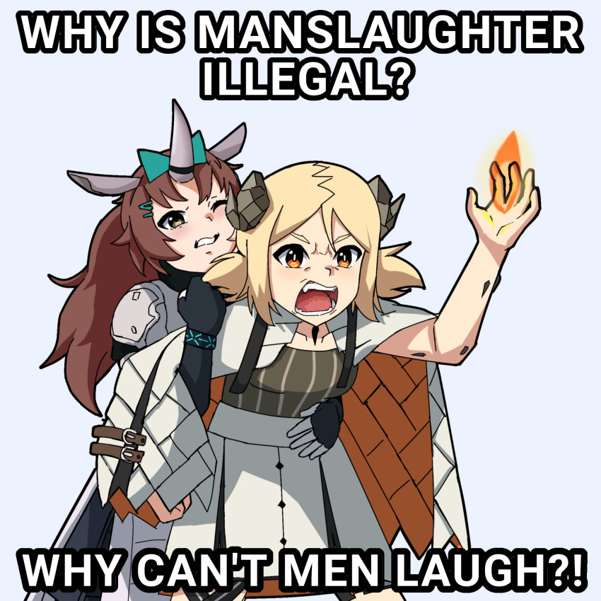 2girls angry animal_ears arknights arm_grab arm_up armor black_gloves blonde_hair brown_hair bubble_(arknights) clenched_hand commentary demon_horns english_commentary english_text fangs fingerless_gloves fire gloves hand_up highres horns ifrit_(arknights) infection_monitor_(arknights) jacket long_hair looking_at_another material_growth multiple_girls orange_eyes oripathy_lesion_(arknights) pun rhinoceros_ears rhinoceros_girl screaming short_hair shoulder_armor shura_(shura_cs) single_horn twintails v-shaped_eyebrows white_jacket