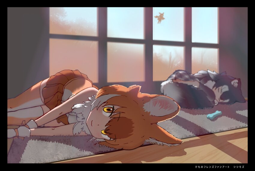 3girls :3 absurdres animal_ears bare_shoulders bird_girl bird_tail bird_wings brown_eyes brown_hair brown_shirt brown_skirt brown_thighhighs closed_eyes curled_up dhole_(kemono_friends) dog_ears dog_girl dog_tail fur_collar gloves grey_hair grey_jacket grey_skirt grey_thighhighs grey_wolf_(kemono_friends) highres jacket japanese_crested_ibis_(kemono_friends) kemono_friends long_hair looking_at_viewer multicolored_hair multiple_girls plaid_clothes plaid_skirt pleated_skirt shadow shirt short_hair silhouette sisimu_su skirt sleeping sleeveless smile tail thighhighs two-tone_shirt two-tone_thighhighs white_fur white_gloves white_hair white_shirt white_thighhighs wings wolf_ears wolf_girl wolf_tail zettai_ryouiki