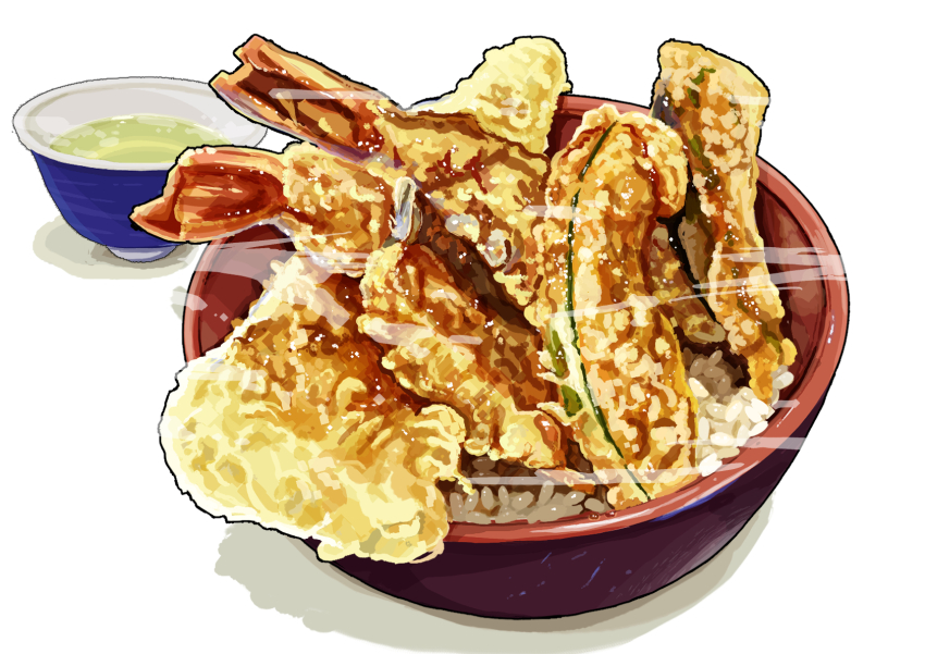 bowl cup fish_(food) food food_focus fried_fish highres kaneko_ryou no_humans original rice seafood simple_background steam still_life tea teacup white_background
