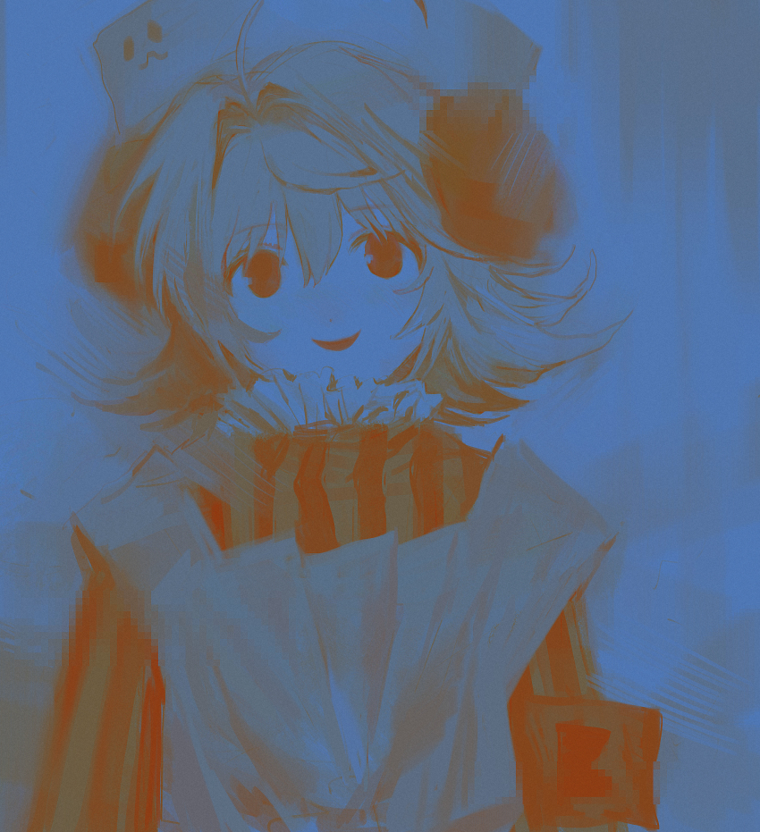 1girl ahoge animal_ears apron armband di_gi_charat dress flipped_hair frilled_dress frills hair_intakes hat highres limited_palette long_sleeves medium_hair nurse_cap open_mouth panda_ears piyoko smile solo striped_clothes striped_dress upper_body yatatashira