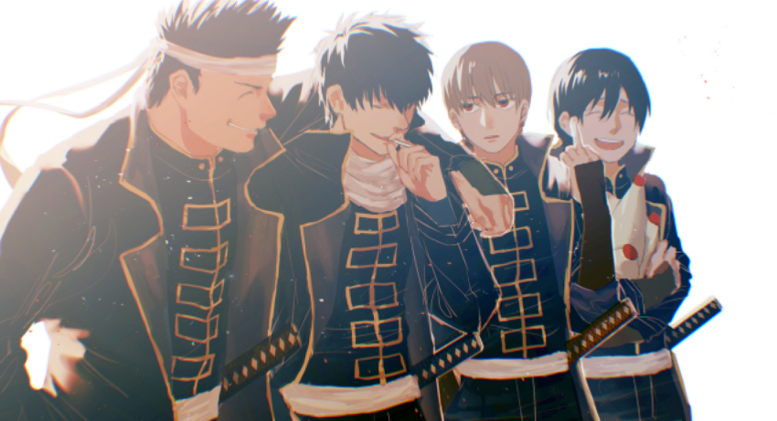 4boys arm_over_shoulder black_hair closed_eyes coat gintama grin hijikata_toushirou kataruruni kondou_isao light_brown_hair male_focus mayonnaise military military_uniform multiple_boys okita_sougo police sheath sheathed shinsengumi_(gintama) short_hair smile smoking sword weapon yamazaki_sagaru
