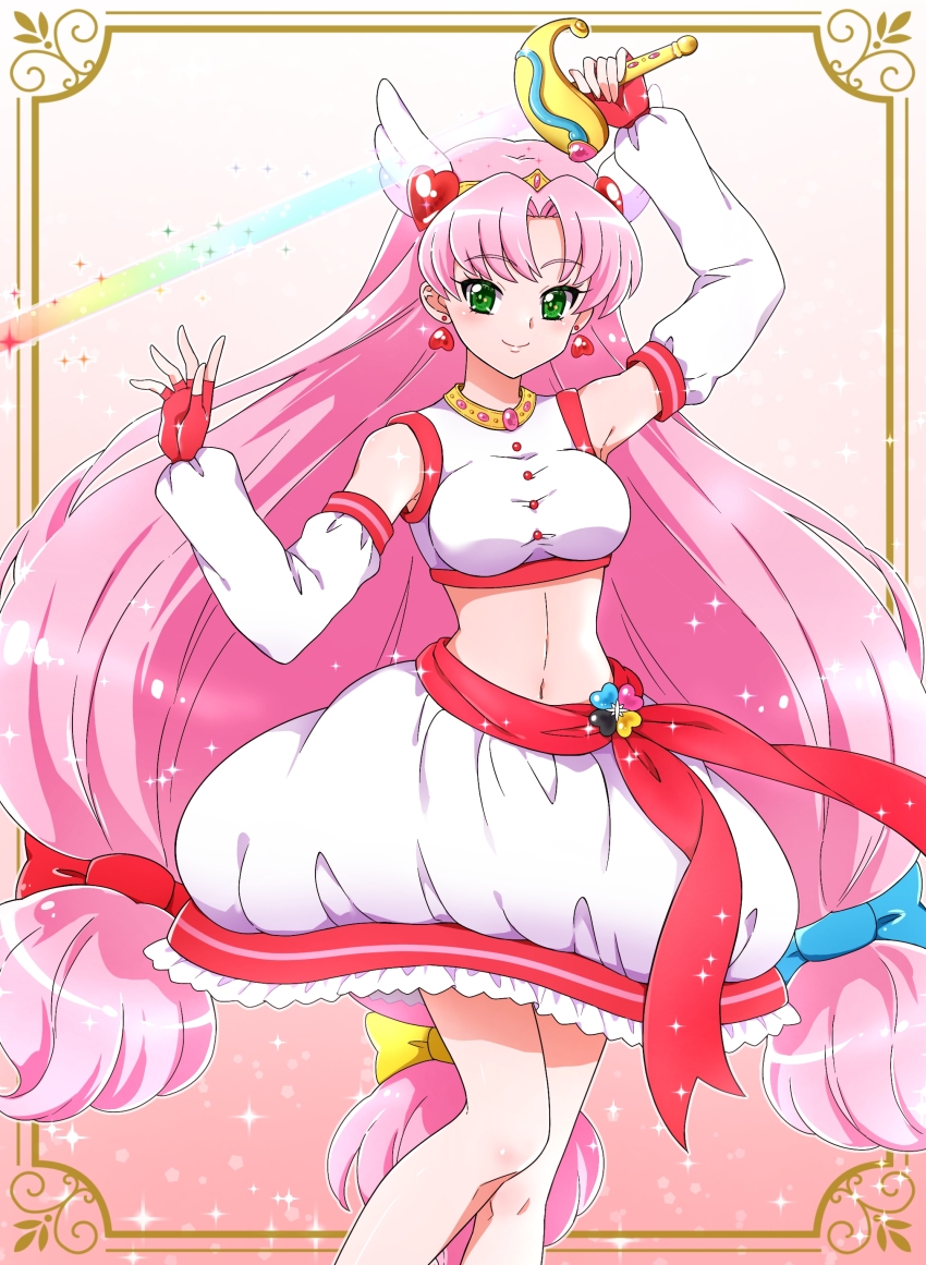 1girl absurdres amemiya_nijika_(benit149) armpits bare_legs blue_bow bow breasts bubble_skirt closed_mouth commentary commission commissioner_upload crop_top cure_chroma_(benit149) dot_nose earrings feet_out_of_frame fingerless_gloves gloves gradient_background green_eyes hair_bow hair_ornament heart heart_earrings heart_hair_ornament highres holding holding_sword holding_weapon jewelry kagami_chihiro left-handed legs_together long_hair looking_at_viewer low-tied_long_hair magical_girl medium_breasts midriff multicolored_sword multiple_hair_bows navel necklace original parted_bangs pink_background pink_hair pixiv_commission precure rapier red_bow red_gloves red_ribbon ribbon skirt smile solo sparkle sword tiara tri_tails very_long_hair waist_brooch weapon white_arm_warmers white_skirt yellow_bow