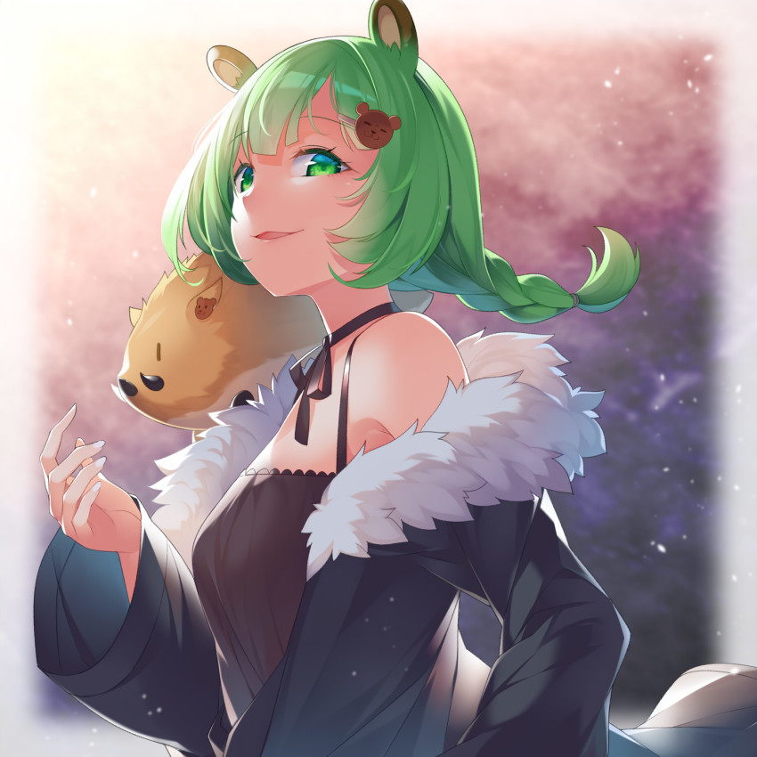 1girl animal animal_ears animal_on_shoulder animare bare_shoulders bear_ears bear_hair_ornament black_choker black_dress black_jacket black_ribbon boar braid breasts choker dress female_focus fur-trimmed_jacket fur_trim green_eyes green_hair hair_ornament hairclip highres hinokuma_ran jacket kokka_han long_hair long_sleeves looking_at_viewer nanashi_inc. off_shoulder open_clothes open_jacket parted_lips ribbon ribbon_choker sleeveless sleeveless_dress small_breasts smile solo upper_body virtual_youtuber wide_sleeves