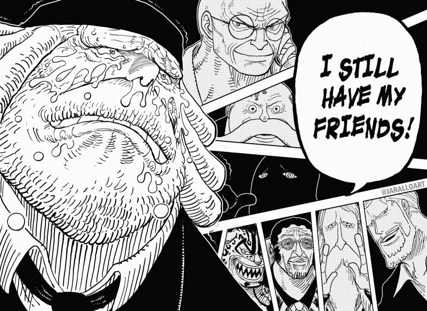 ! 6+boys animal_ears bald beard black_necktie black_suit clenched_teeth collared_shirt english_text ethan-baron_v._nusjuro facial_hair formal_clothes glasses gorousei hat highres i_still_have_my_friends_(meme) imu_(one_piece) jaralloart jaygarcia_saturn kizaru_(one_piece) looking_at_viewer manly marcus_mars meme military_uniform monochrome multiple_boys mustache necktie old old_man one_piece parody pectorals pun rob_lucci sad scar scar_across_eye scar_on_face sepia shaded_face sharp_teeth shepherd_ju_peter shirt smile speech_bubble standing suit teamwork teardrop tears teeth thick_mustache topman_warcury trembling twitter_username ugly_bastard what white_hair white_shirt