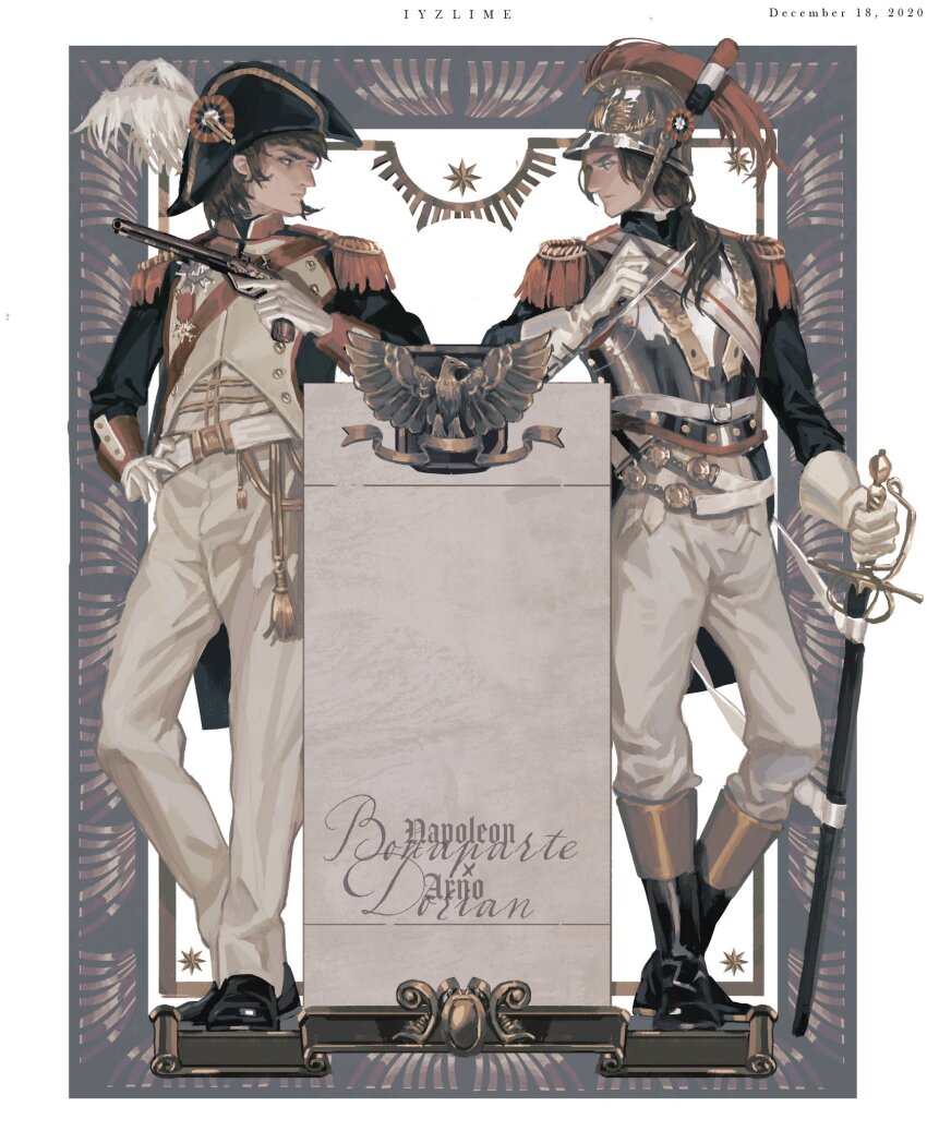 2boys alternate_costume antique_firearm aristocratic_clothes arno_dorian assassin&#039;s_creed:_unity assassin&#039;s_creed_(series) bicorne black_boots black_shoes boots brown_hair epaulettes firearm firelock flintlock gloves gun hat helmet highres holding holding_gun holding_sword holding_weapon iyzlime looking_at_another multiple_boys napoleon_bonaparte_(assassin&#039;s_creed) pants shoes sword weapon white_gloves white_pants