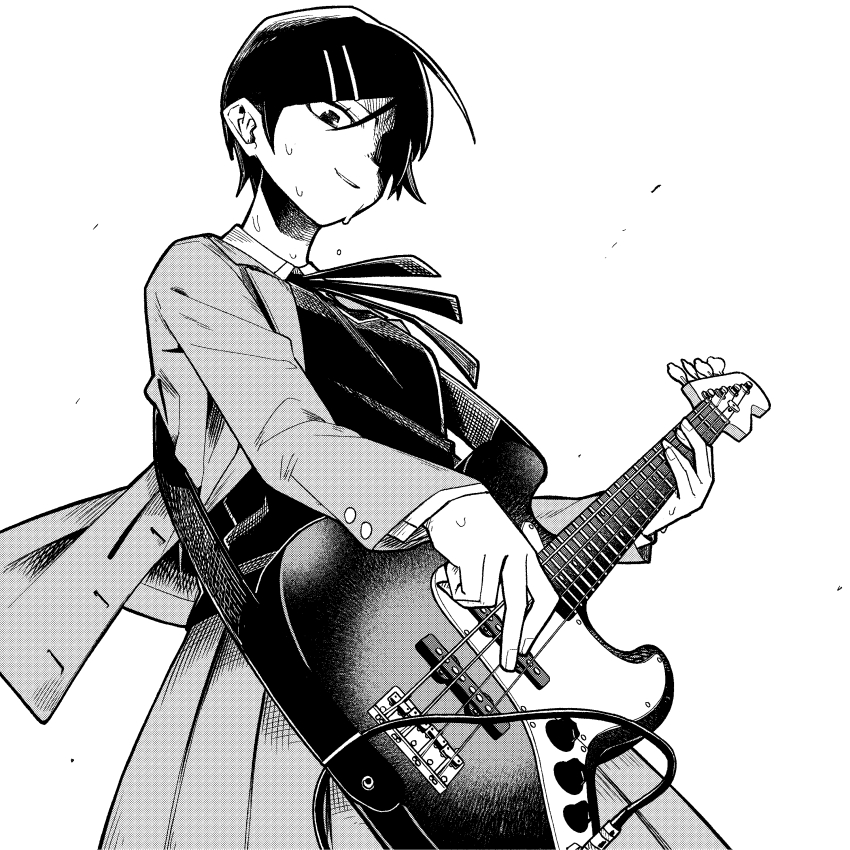 1girl absurdres audio_cable bass_guitar blazer cable collared_shirt commentary_request cowboy_shot fender_jazz_bass futsuu_no_keion-bu greyscale guitar_strap hair_ornament hair_over_one_eye hairpin highres instrument jacket kouyama_rin long_sleeves mangakashibou monochrome music neck_ribbon open_clothes open_jacket pixie_cut playing_bass_guitar playing_instrument pleated_skirt ribbon school_uniform shirt short_hair simple_background skirt solo sweat sweater_vest white_background wing_collar